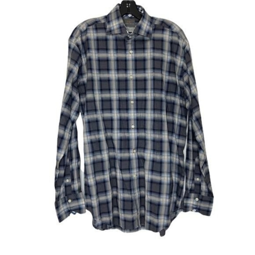 Thomas Dean Mens L Pima Cotton Plaid Button Down Shirt Grey Blue Gingham Trim - Picture 2 of 7